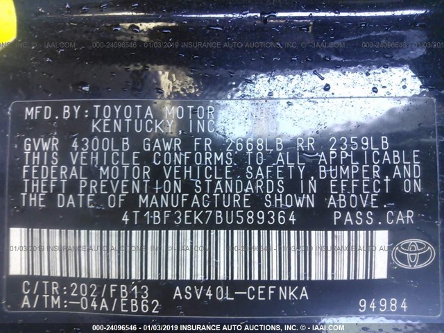 4T1BF3EK7BU589364 - 2011 TOYOTA CAMRY SE/LE/XLE 黑色 照片 9