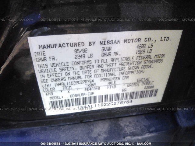 1N4AL11D22C278764 - 2002 NISSAN ALTIMA S/SL BLACK photo 9