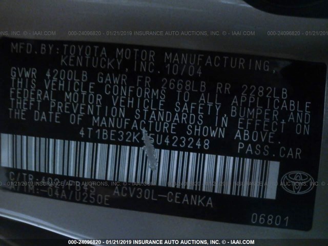 4T1BE32K45U423248 - 2005 TOYOTA CAMRY LE/XLE/SE Champagne photo 9