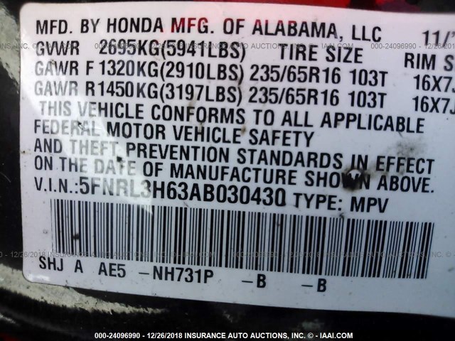 5FNRL3H63AB030430 - 2010 HONDA ODYSSEY EXL BLACK photo 9