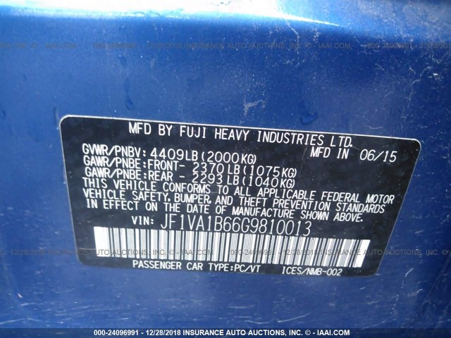 JF1VA1B66G9810013 - 2016 SUBARU WRX BLUE photo 9