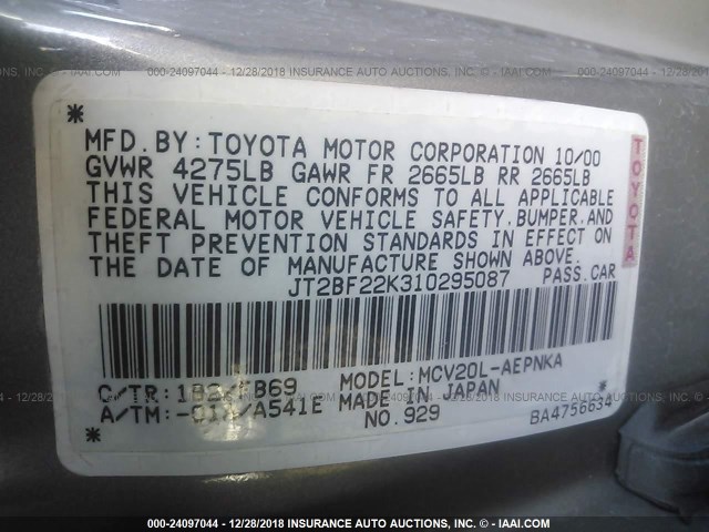 JT2BF22K310295087 - 2001 TOYOTA CAMRY CE/LE/XLE GOLD photo 9