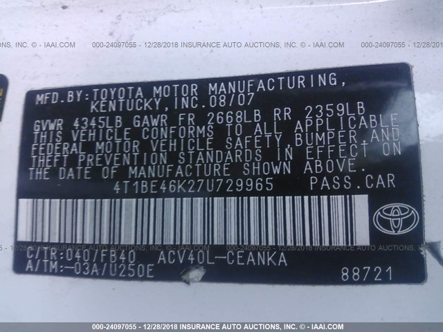 4T1BE46K27U729965 - 2007 TOYOTA CAMRY NEW GENERAT CE/LE/XLE/SE WHITE photo 9