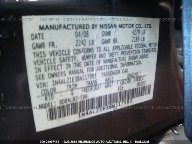 1N4AL21E38N517993 - 2008 NISSAN ALTIMA 2.5/2.5S GRAY photo 9