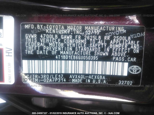 4T1BD1EB6GU050395 - 2016 TOYOTA AVALON HYBRID/XLE PLUS/XLE PREMIUM/LIMITED MAROON photo 9