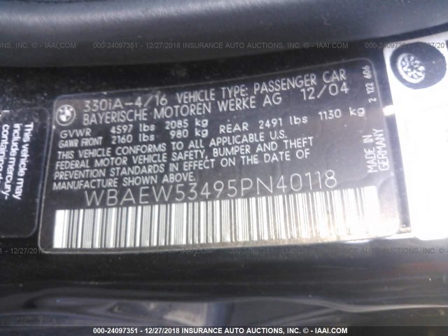 WBAEW53495PN40118 - 2005 BMW 330 XI BLACK photo 9