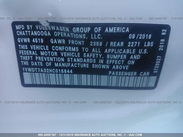 1VWDT7A32HC015844 - 2017 VOLKSWAGEN PASSAT R-LINE Ağ foto 9