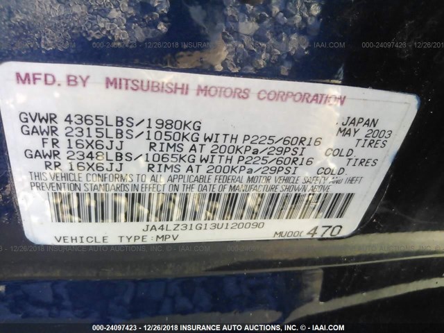 JA4LZ31G13U120090 - 2003 MITSUBISHI OUTLANDER LS BLUE photo 9