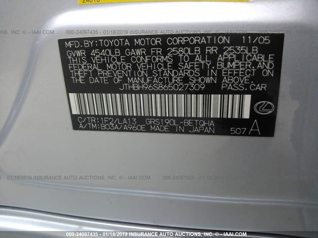 JTHBH96S865027309 - 2006 LEXUS GS GENERATION 200 300 SILVER photo 9