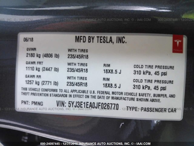 5YJ3E1EA0JF026770 - 2018 TESLA MODEL 3 GRAY photo 9