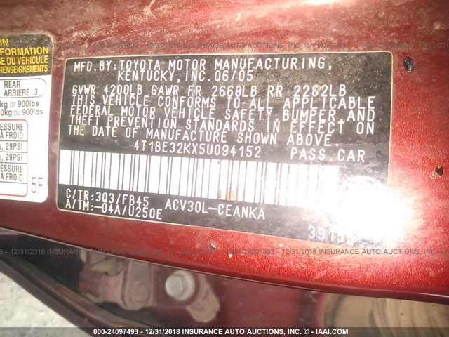 4T1BE32KX5U094152 - 2005 TOYOTA CAMRY LE/XLE/SE RED photo 9