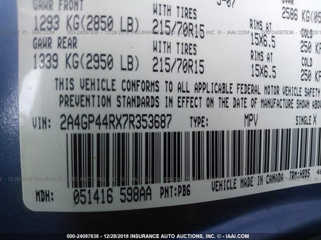 2A4GP44RX7R353687 - 2007 CHRYSLER TOWN & COUNTRY LX BLUE photo 9