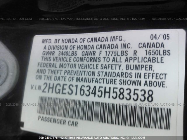 2HGES16345H583538 - 2005 HONDA CIVIC DX VP Qara foto 9