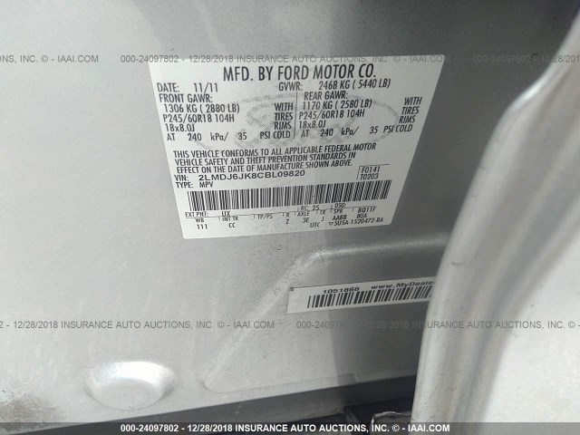 2LMDJ6JK8CBL09820 - 2012 LINCOLN MKX SILVER photo 9