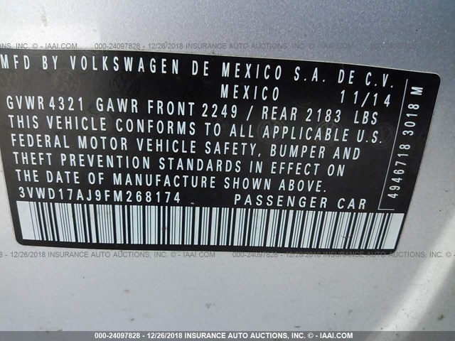 3VWD17AJ9FM268174 - 2015 VOLKSWAGEN JETTA SE GRAY photo 9