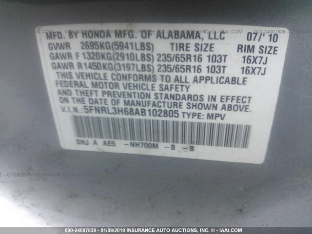 5FNRL3H68AB102805 - 2010 HONDA ODYSSEY EXL SILVER photo 9