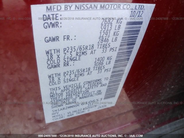 5N1AR2MMXDC610653 - 2013 NISSAN PATHFINDER S/SV/SL/PLATINUM RED photo 9