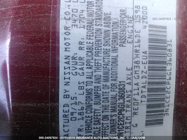 3N1CE2CP6GL360831 - 2016 NISSAN VERSA NOTE S/S PLUS/SV/SL/SR RED photo 9