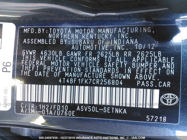 4T4BF1FK7CR256804 - 2012 TOYOTA CAMRY SE/LE/XLE 黑色 照片 9