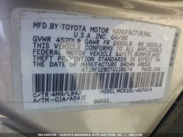 4T1BF12B0TU116674 - 1996 TOYOTA AVALON XL/XLS GOLD photo 9