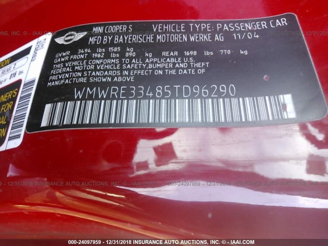 WMWRE33485TD96290 - 2005 MINI COOPER S RED photo 9