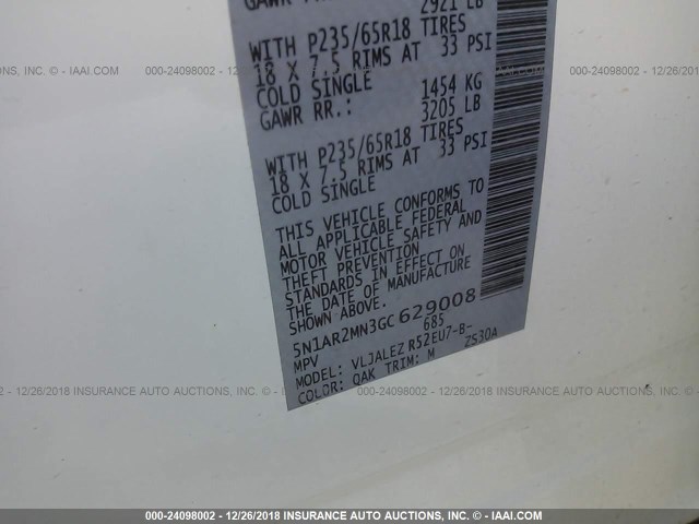 5N1AR2MN3GC629008 - 2016 NISSAN PATHFINDER S/SV/SL/PLATINUM WHITE photo 9