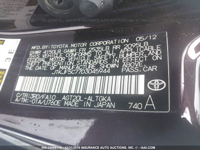 JTKJF5C77D3045944 - 2013 TOYOTA SCION TC 紫色 照片 9