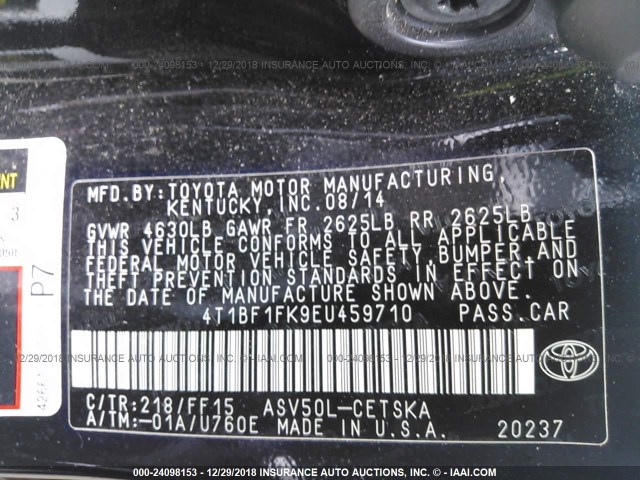 4T1BF1FK9EU459710 - 2014 TOYOTA CAMRY L/SE/LE/XLE 黑色 照片 9