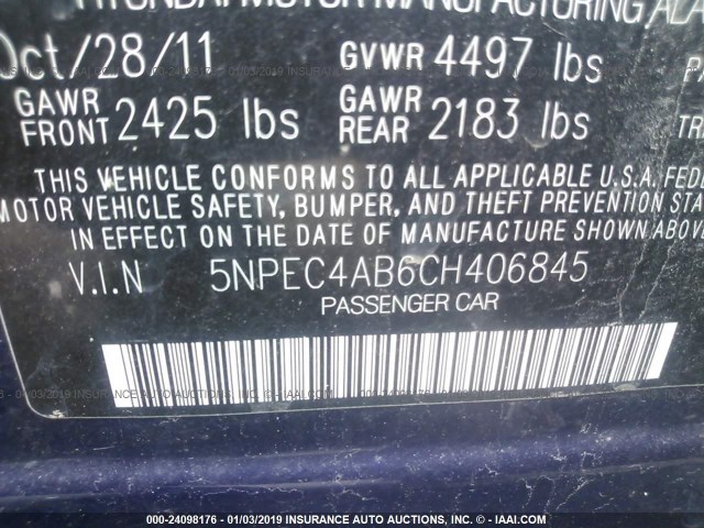 5NPEC4AB6CH406845 - 2012 HYUNDAI SONATA SE/LIMITED BLUE photo 9