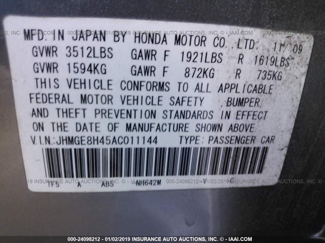 JHMGE8H45AC011144 - 2010 HONDA FIT SPORT GRAY photo 9