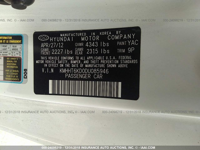 KMHHT6KD0DU085946 - 2013 HYUNDAI GENESIS COUPE 2.0T WHITE photo 9