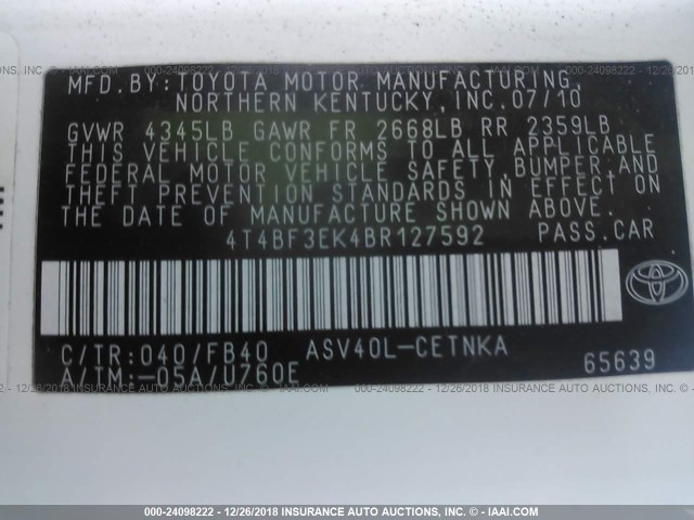 4T4BF3EK4BR127592 - 2011 TOYOTA CAMRY SE/LE/XLE 白色 照片 9