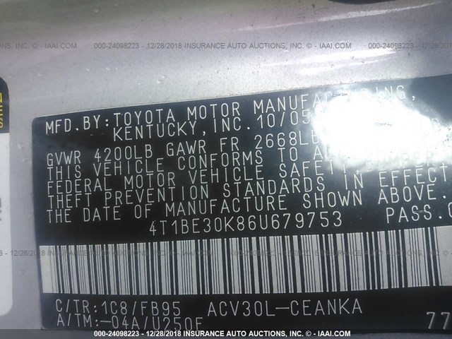 4T1BE30K86U679753 - 2006 TOYOTA CAMRY LE/XLE/SE SILVER photo 9