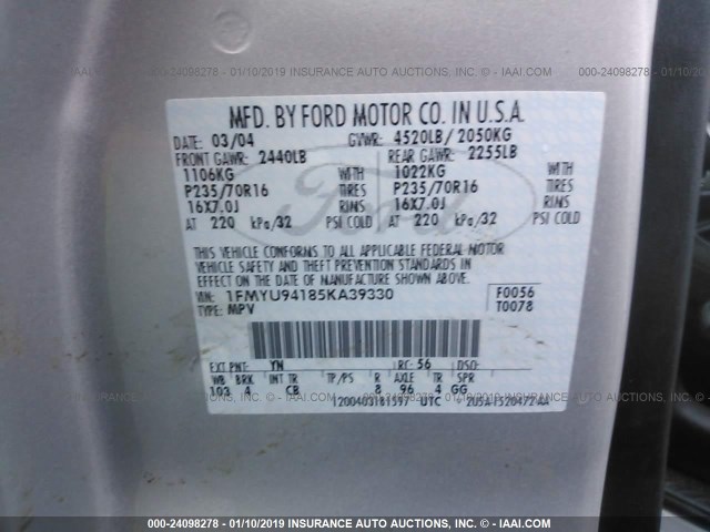 1FMYU94185KA39330 - 2005 FORD ESCAPE LIMITED SILVER photo 9