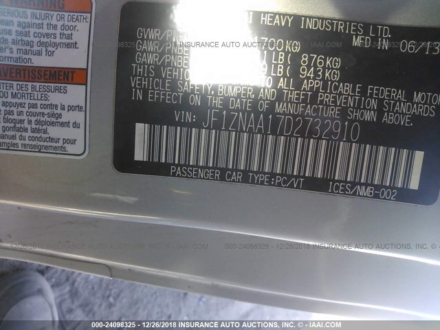 JF1ZNAA17D2732910 - 2013 TOYOTA SCION FR-S SILVER photo 9