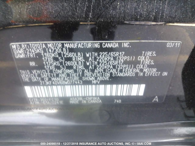 2T3KF4DV6BW077443 - 2011 TOYOTA RAV4 BLACK photo 9