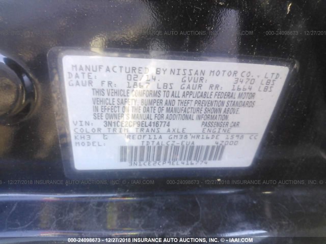 3N1CE2CP9EL416774 - 2014 NISSAN VERSA NOTE S/S PLUS/SV/SL BLACK photo 9