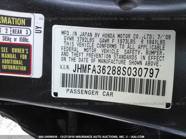 JHMFA36288S030797 - 2008 HONDA CIVIC HYBRID GRAY photo 9