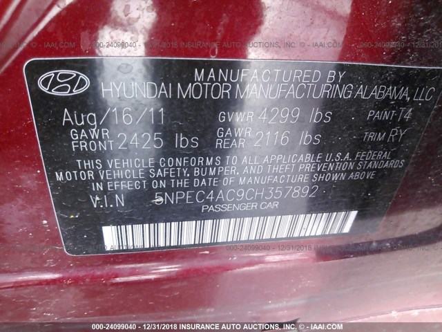 5NPEC4AC9CH357892 - 2012 HYUNDAI SONATA SE/LIMITED MAROON photo 9