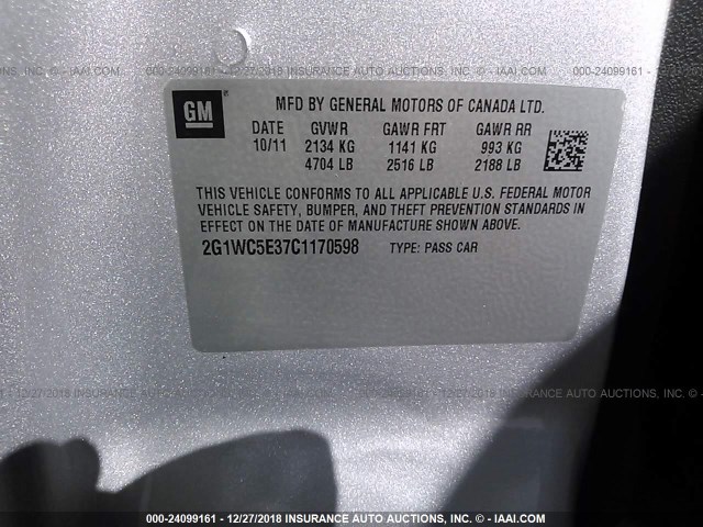 2G1WC5E37C1170598 - 2012 CHEVROLET IMPALA LTZ SILVER photo 9