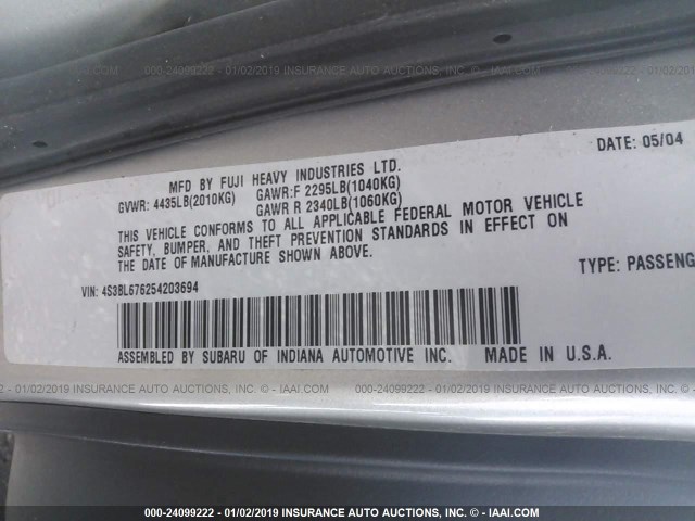 4S3BL676254203694 - 2005 SUBARU LEGACY GT LIMITED SILVER photo 9