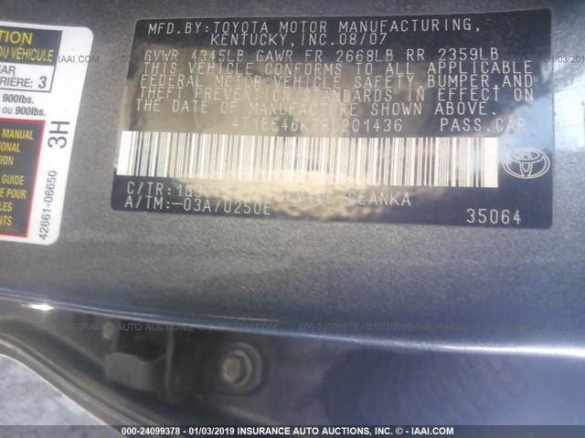 4T1BE46K78U201436 - 2008 TOYOTA CAMRY CE/LE/XLE/SE GRAY photo 9