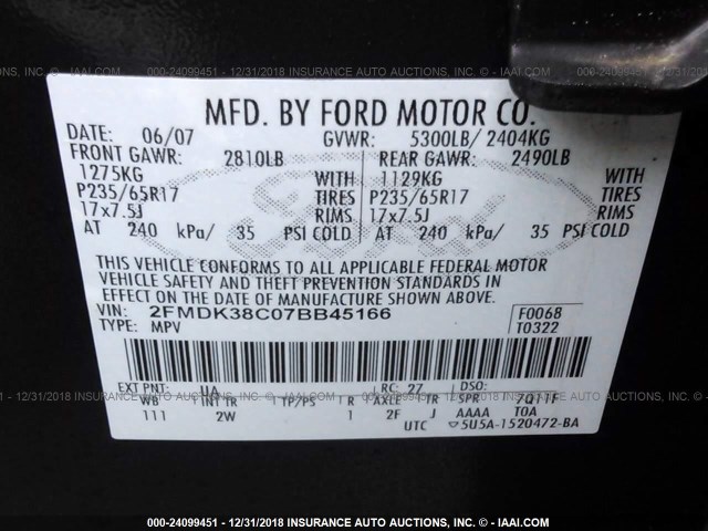 2FMDK38C07BB45166 - 2007 FORD EDGE SEL BLACK photo 9