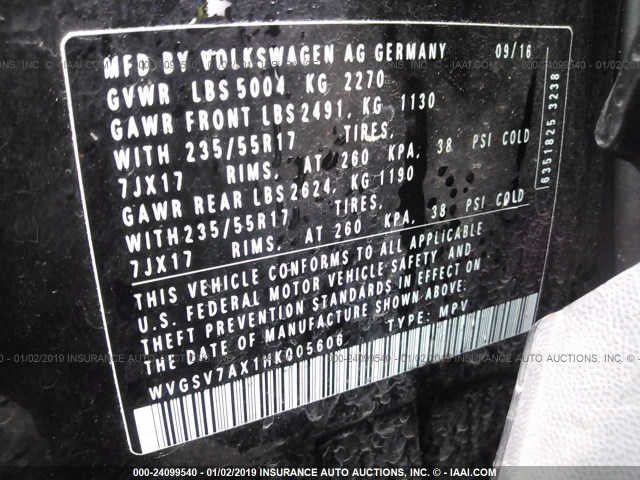 WVGSV7AX1HK005606 - 2017 VOLKSWAGEN TIGUAN WOLFSBURG BLACK photo 9