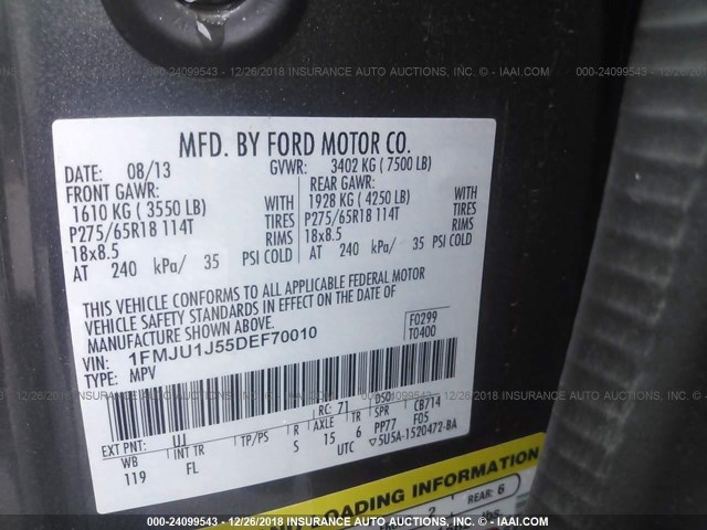 1FMJU1J55DEF70010 - 2013 FORD EXPEDITION XLT/KING RANCH SILVER photo 9
