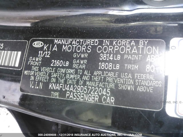 KNAFU4A29D5722045 - 2013 KIA FORTE EX BLACK photo 9