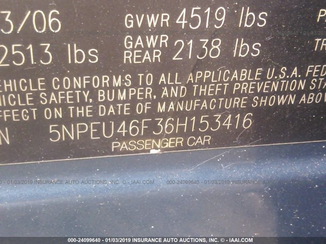 5NPEU46F36H153416 - 2006 HYUNDAI SONATA GLS/LX BLUE photo 9