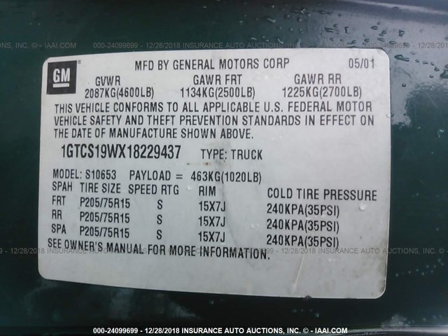 1GTCS19WX18229437 - 2001 GMC SONOMA Yaşıl foto 9