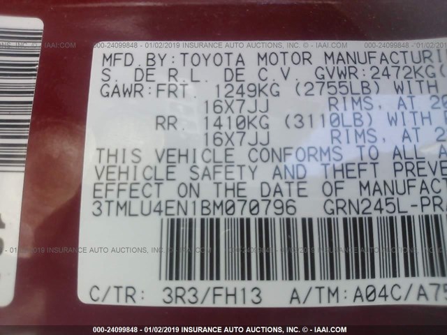 3TMLU4EN1BM070796 - 2011 TOYOTA TACOMA DOUBLE CAB 红色 照片 9