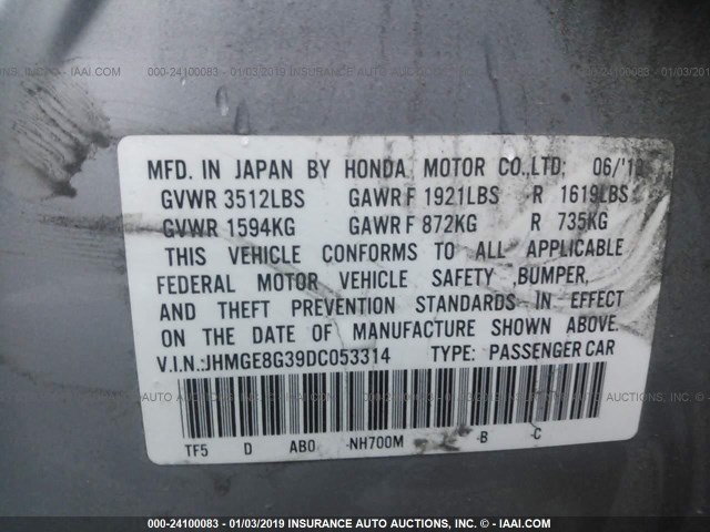 JHMGE8G39DC053314 - 2013 HONDA FIT SILVER photo 9